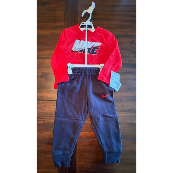 Nike Boys Two-Piece Set Red Long-Sleeve Shirt & Blue Pants Logo Swoosh - Picture 2 of 10